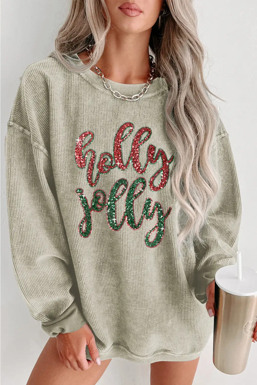 Sequined Holly Jolly Graphic Corded Sweatshirt