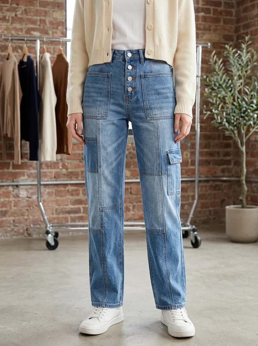Women's Casual Fashion Patchwork Button-Fly Cargo Denim Pants