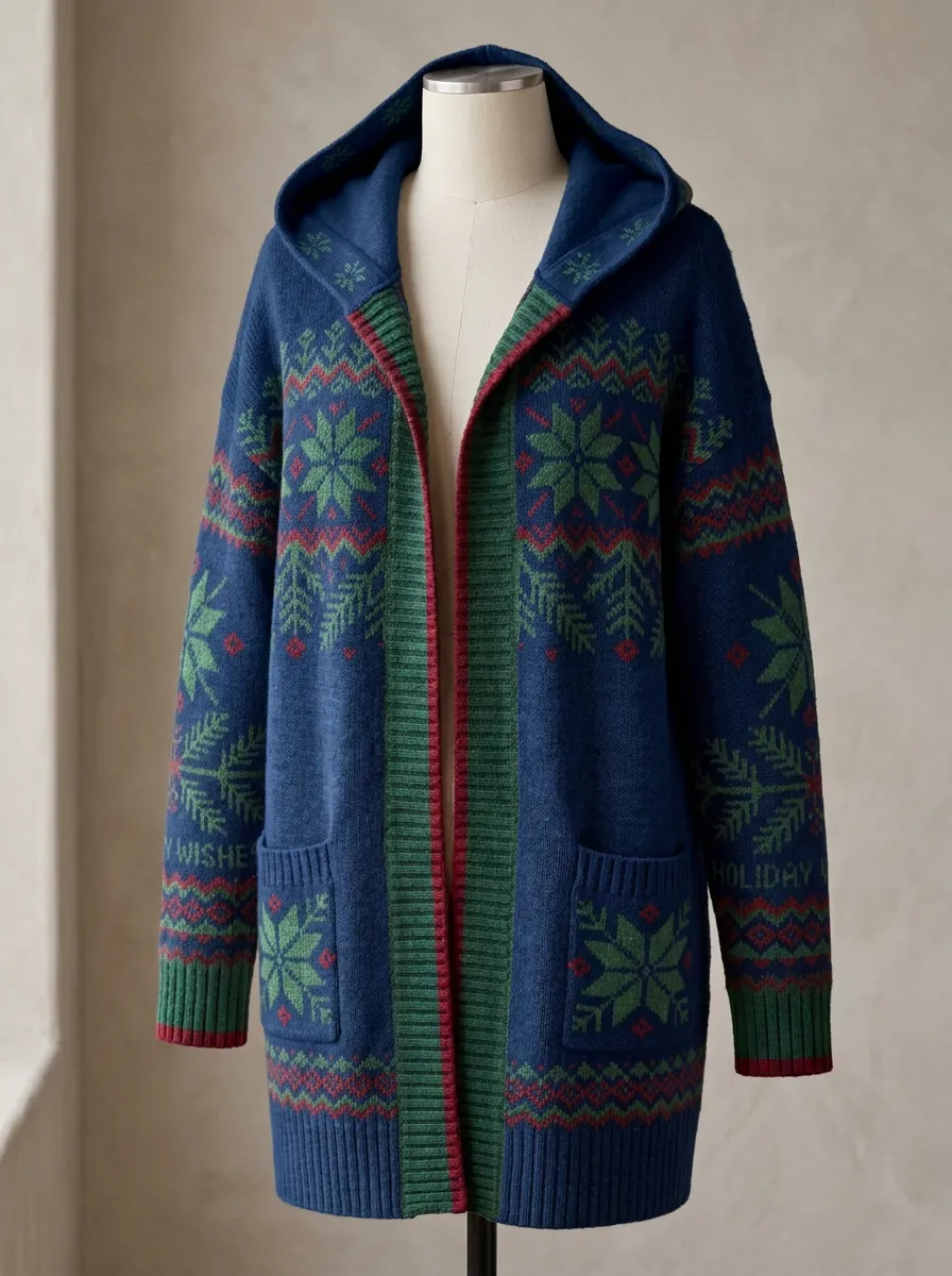 Festive Christmas Snowflake Fair Isle Pattern Print Hooded Cardigan