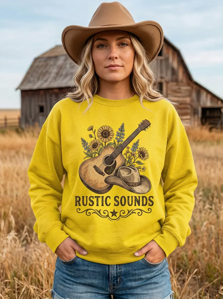 Guitar Cowboy-Hat Sunflower Women's Country Music Crew Neck Sweatshirt