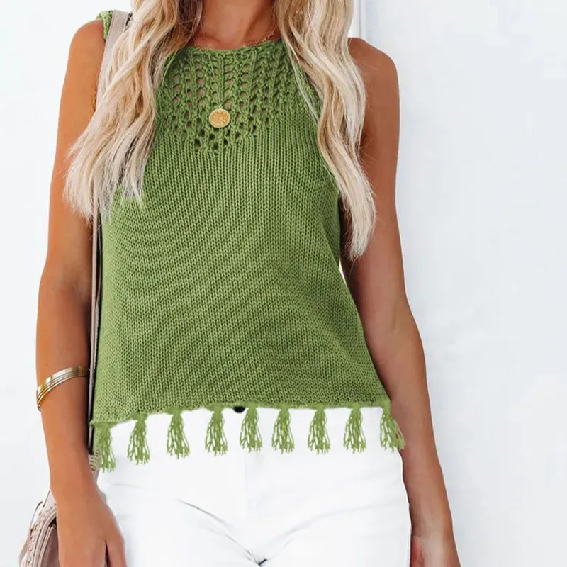 Cutout Tassel Round Neck Tank