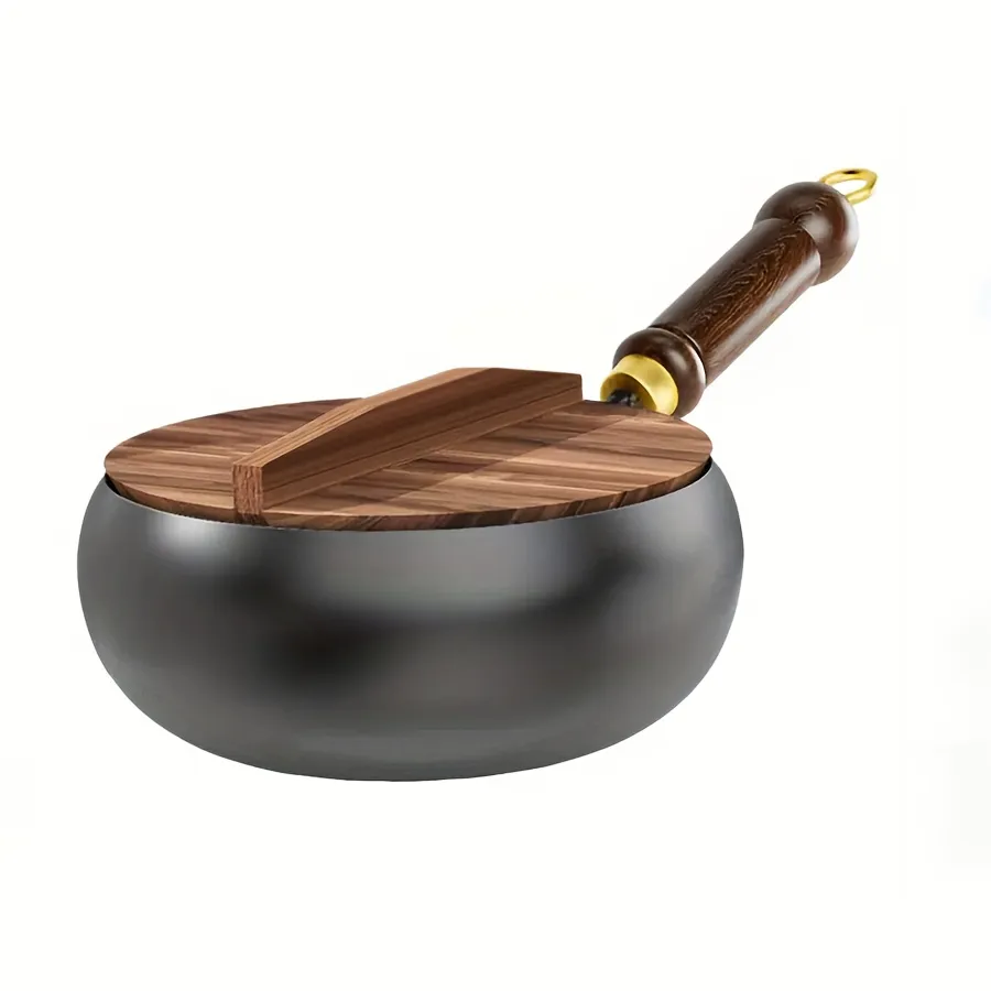 Durable Cast Aluminum Wok with Wooden Handle, Kitchen Essential for Stir-Frying and Simmering