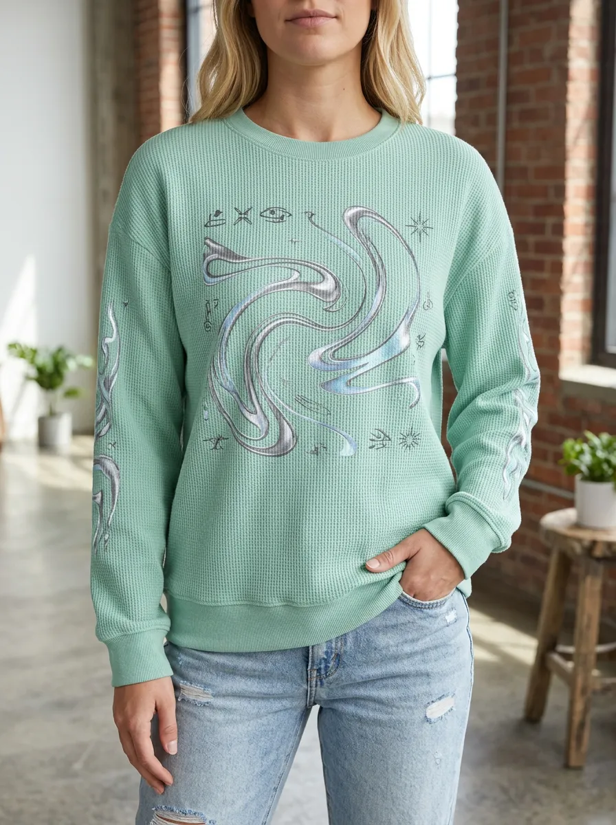 Women's Y2K Aesthetic Abstract Swirl Printed Waffle Knit Sweatshirt