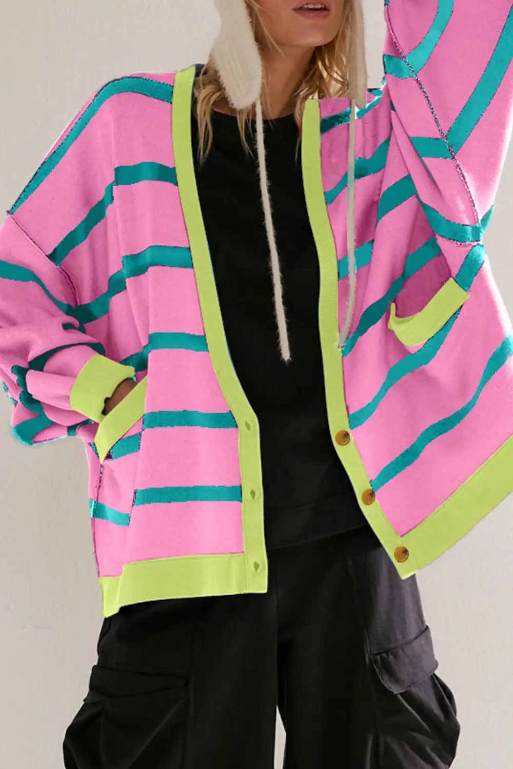 Open-Front Buttoned Drop-Shoulder Relaxed Cardigan