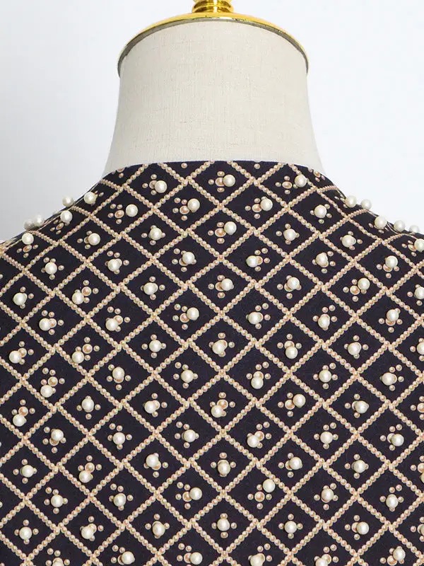 Long Sleeve Relaxed Beaded Printed V-Neck Neck Blazer