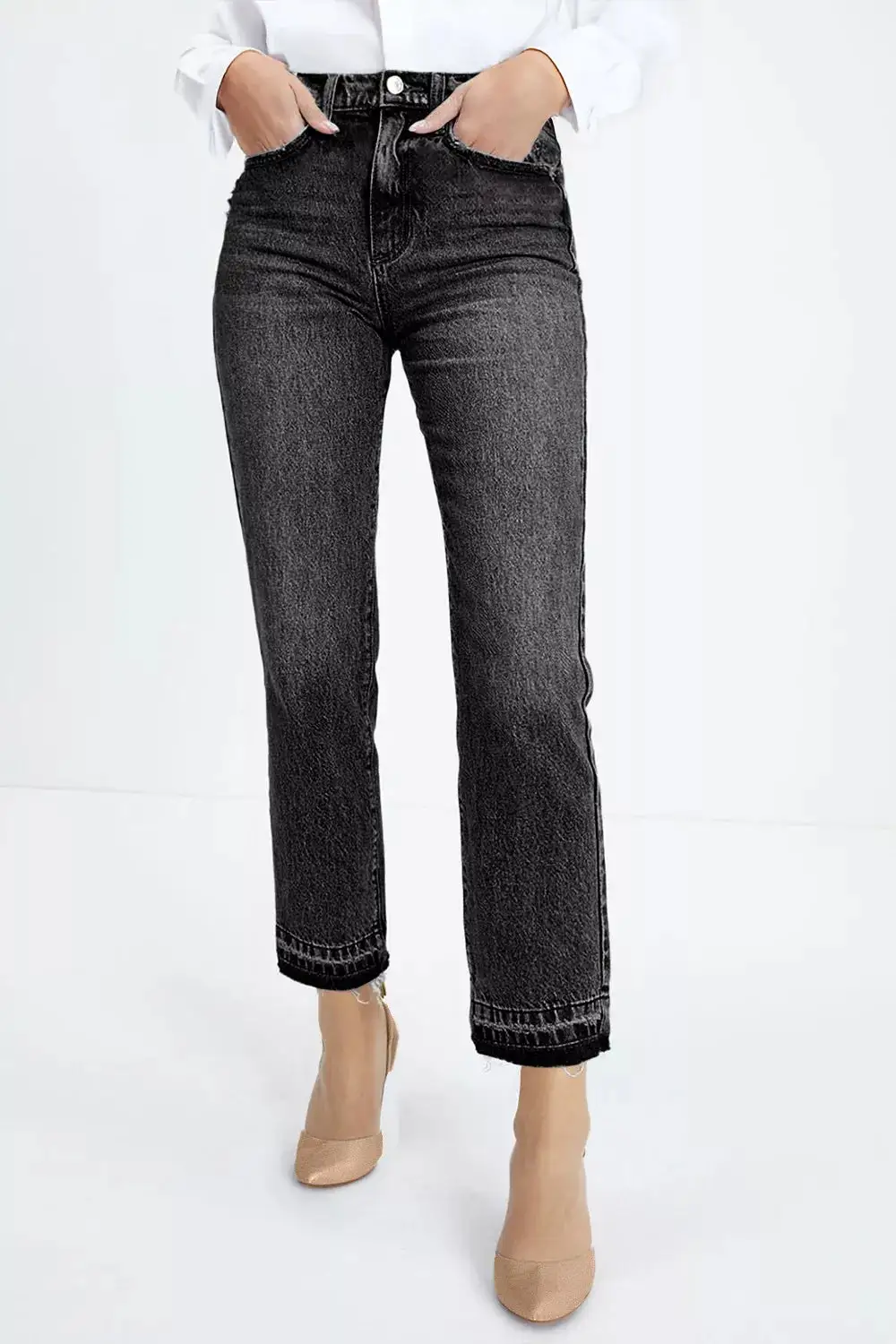 High-Waisted Distressed Hem Straight Leg Jeans For Ladies