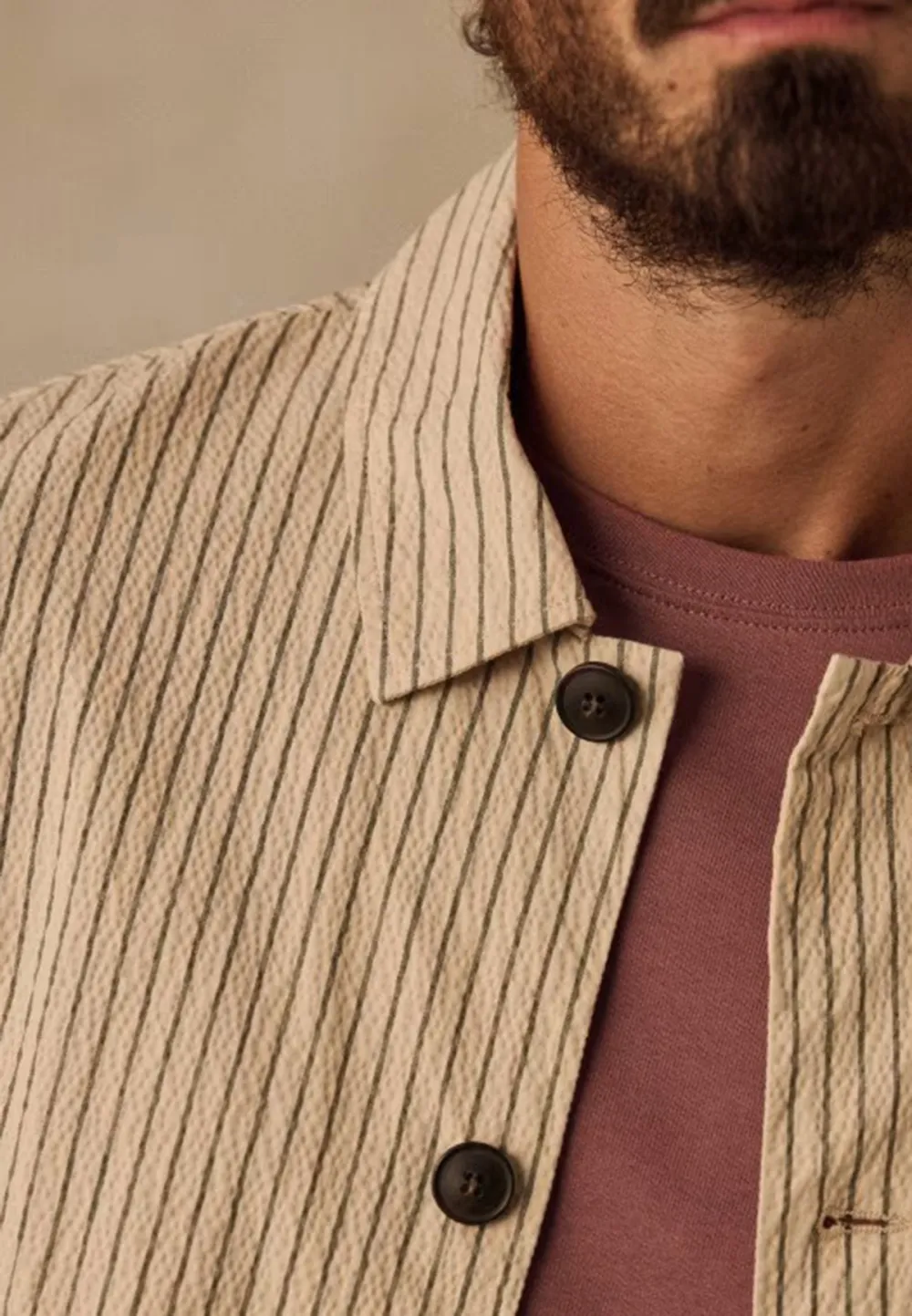 Beige Green Stripe Seersucker Casual Chore Jacket