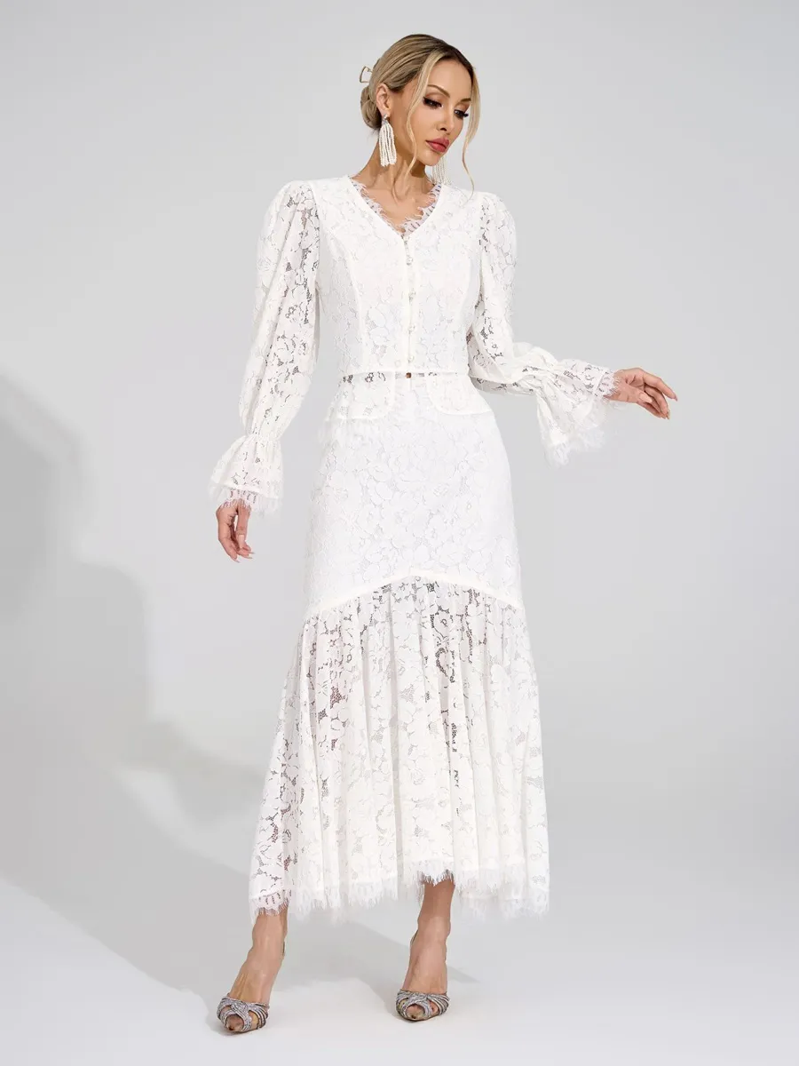 Clementine White Lace Maxi Skirt Set