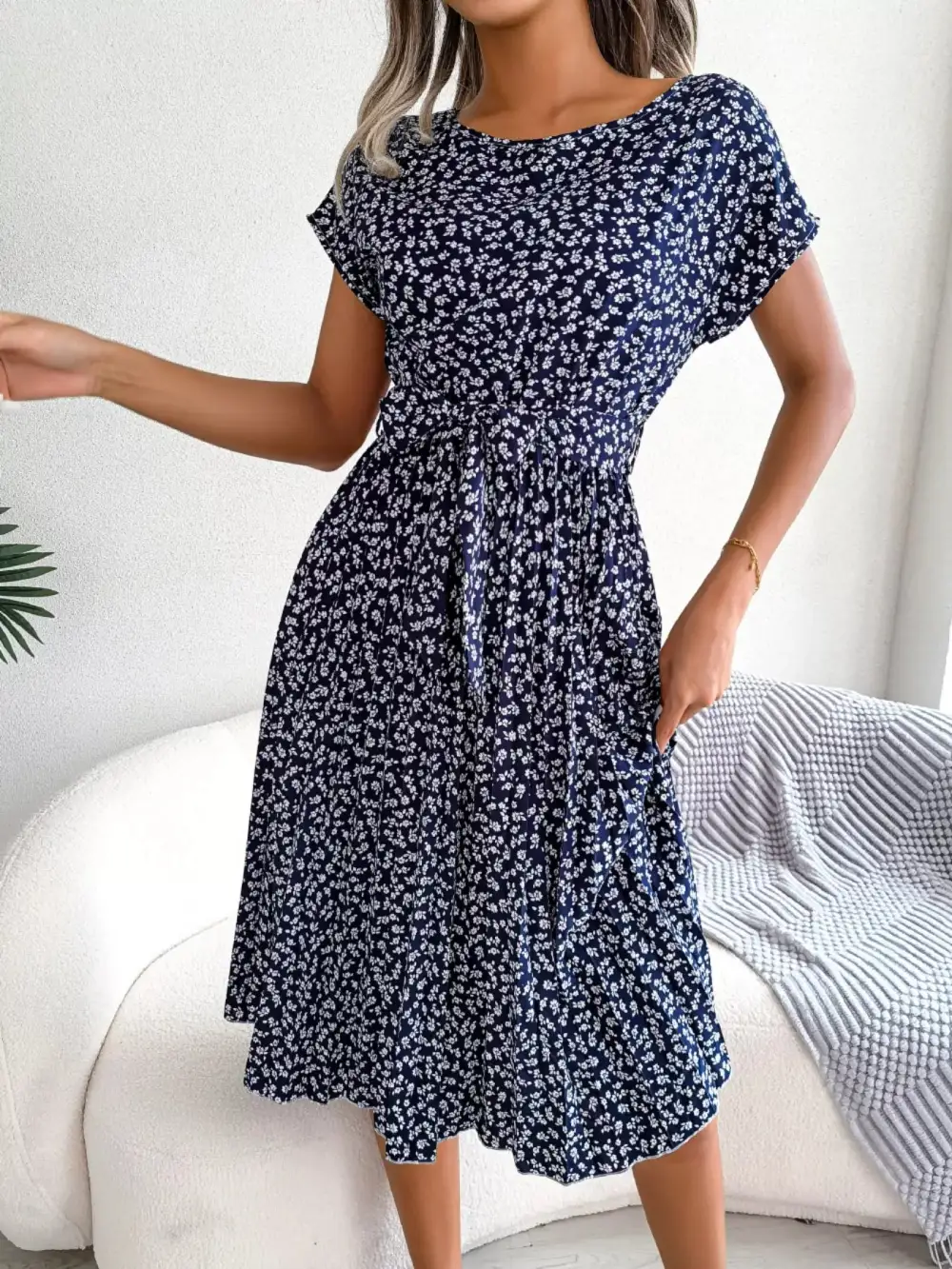 Pleated Midi Dress with Belt