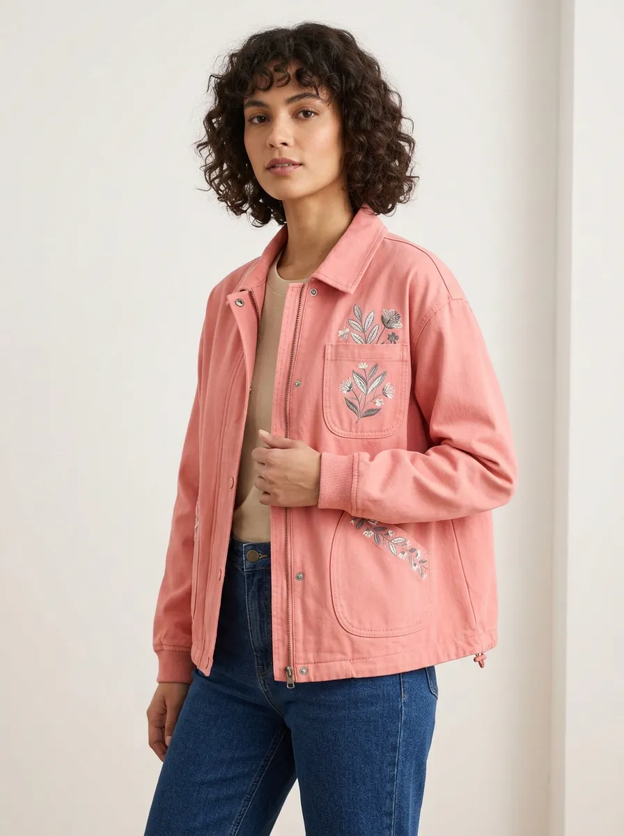 Women's Dusty Pink Embroidered Utility Jacket