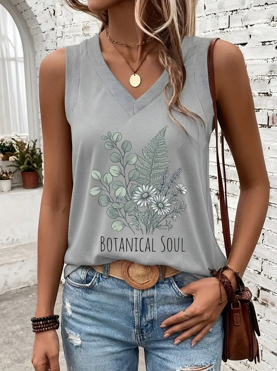 Women's Botanical Soul Fern Flower Printed V-Neck Tank Top