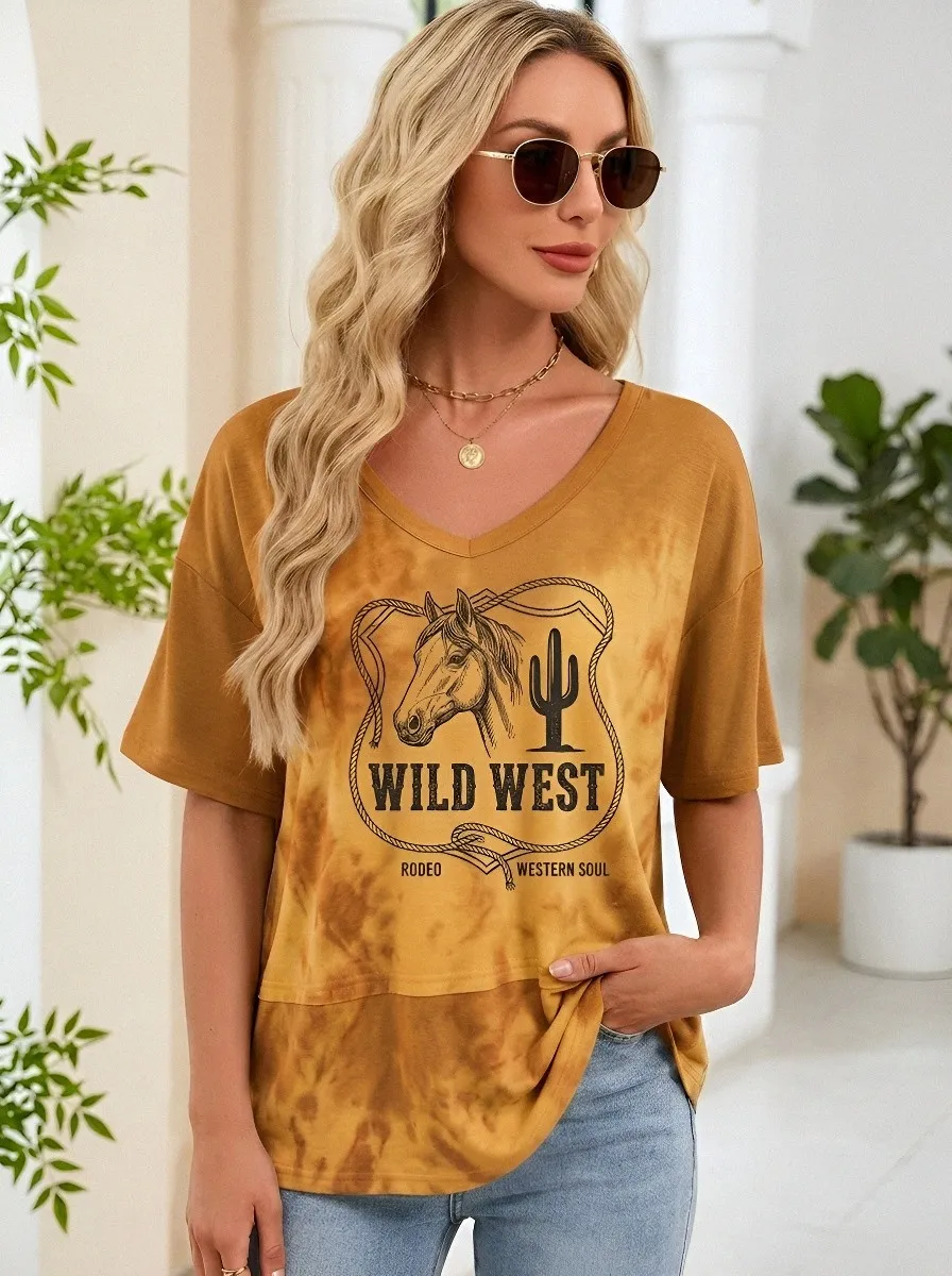 Women's Wild West Rodeo Horse Cactus Printed V-neck T-shirt
