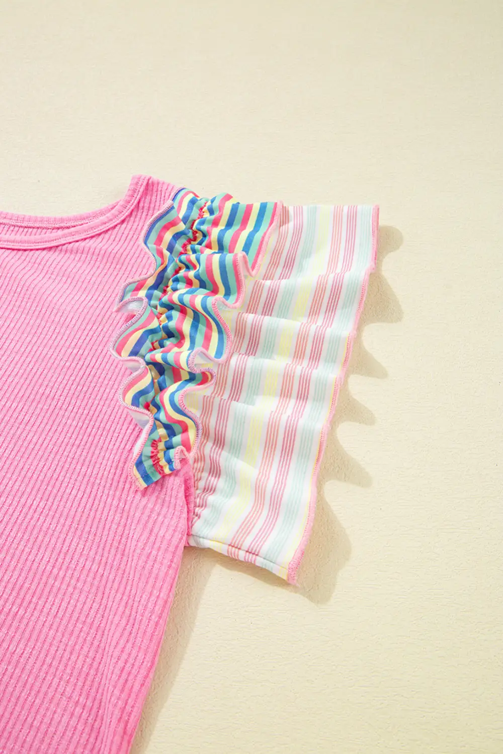 Striped Ruffled Ribbed Blouse