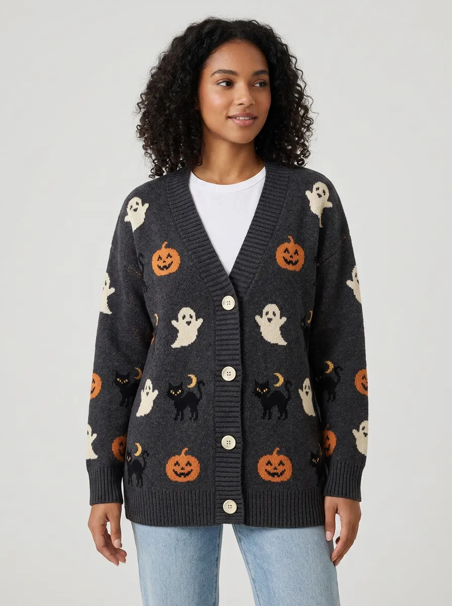 Women's Halloween Ghost Pumpkin Cat Pattern Knitted Cardigan