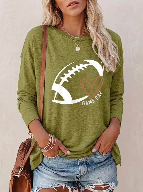 Women's Retro Inspired Gridiron Heart Ball Game Day Crewneck Long Sleeve T-Shirt