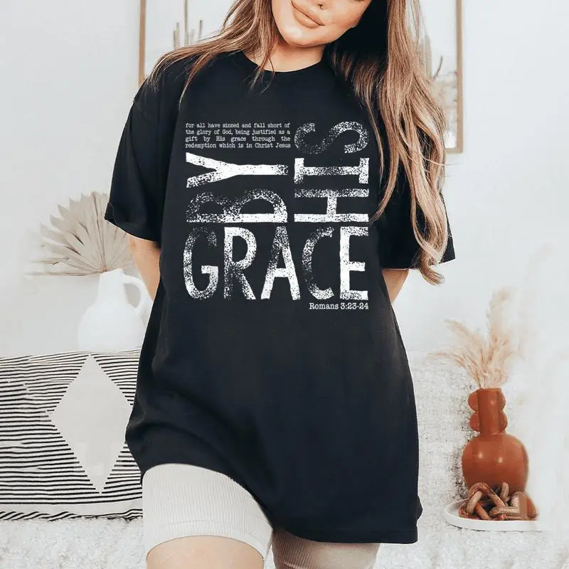 By His Grace Saved By His Amazing Grace Christian Women's Oversized Comfort T-Shirt