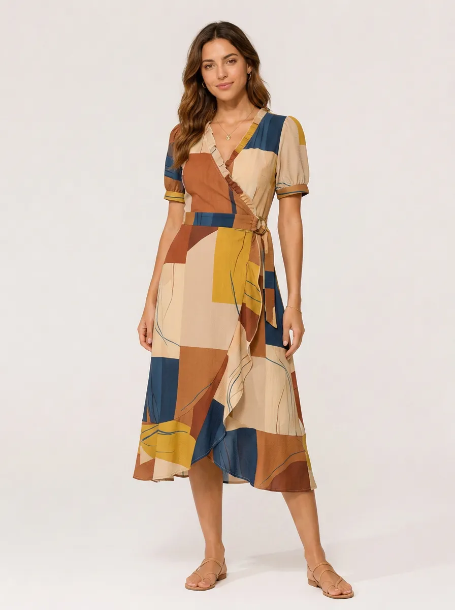 Women's Geometric Abstract Patchwork Printed Wrap Dress