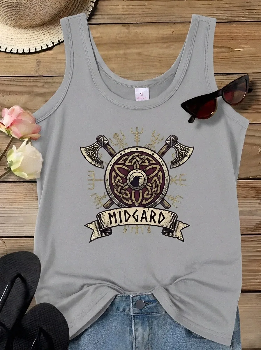 Women's Viking Midgard Raven Axe Shield Printed Tank Top