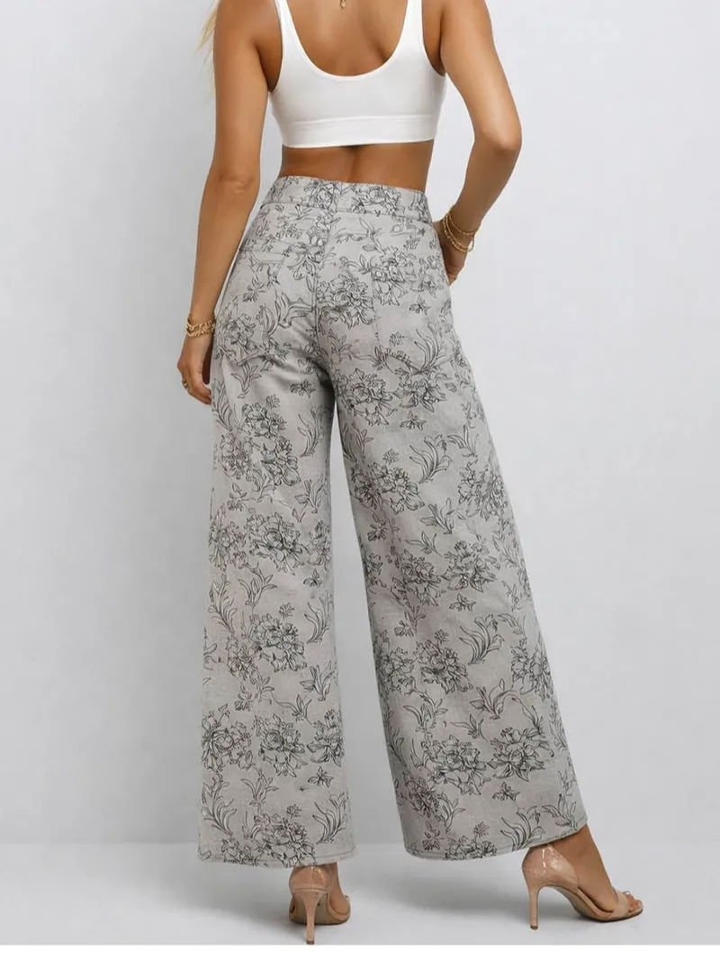 Vintage Jacquard Jean Button Waist Wide Leg Denim Pants
