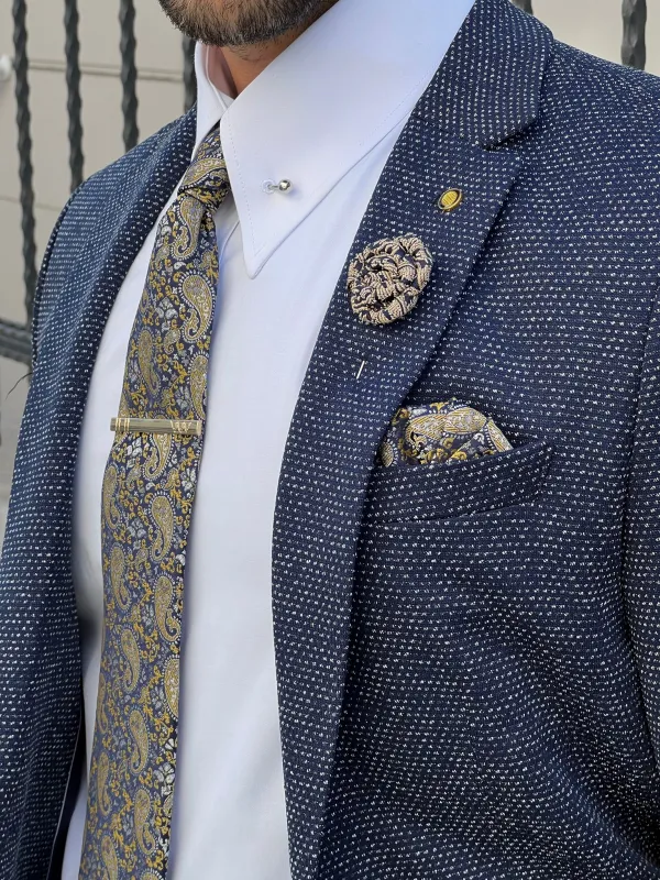 Slim Fit High Quality Mono Collar Knitted Indigo Blazer