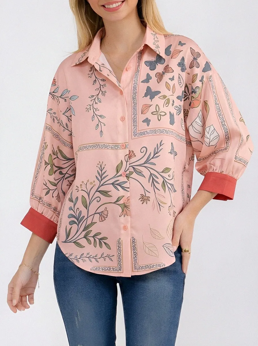Women's Botanical Butterfly Floral Printed Button-Down Shirt
