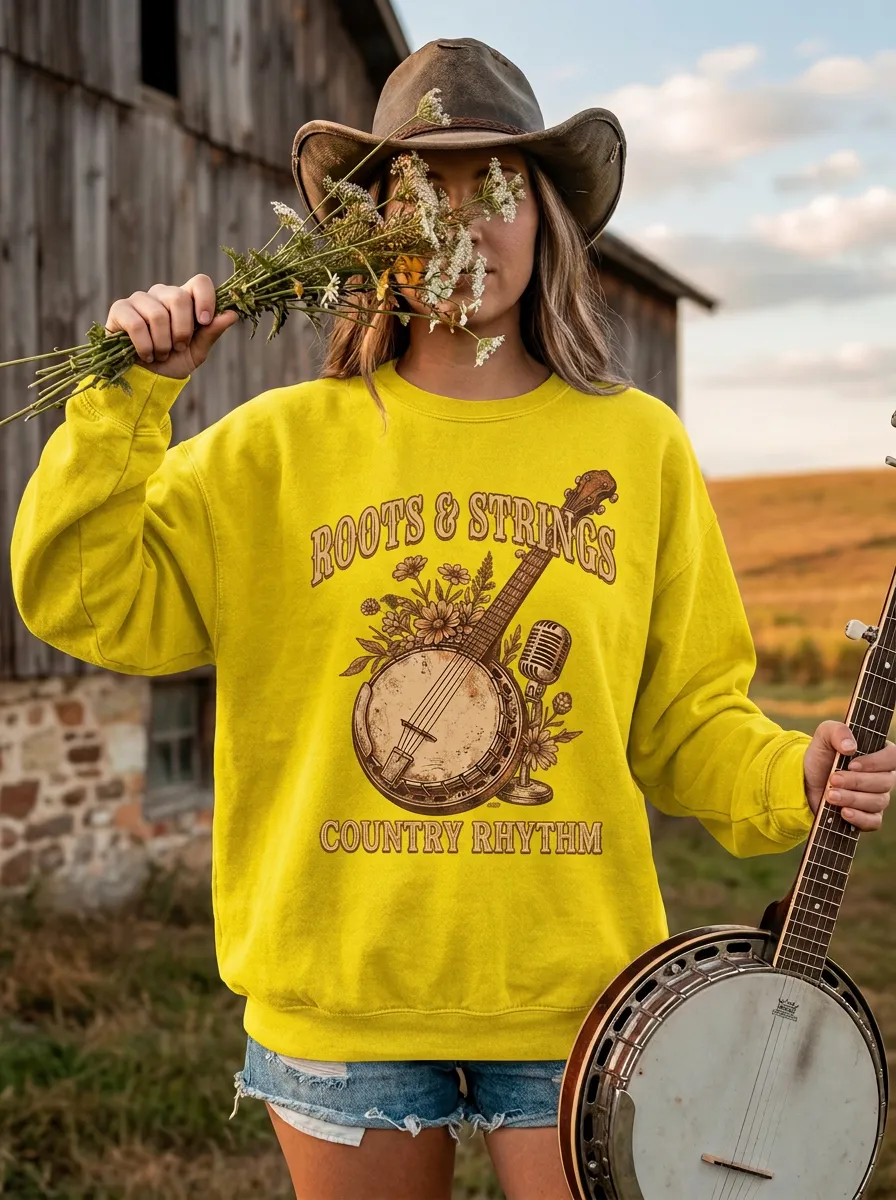 Banjo Floral Microphone Women's Country Music Crew Neck Sweatshirt