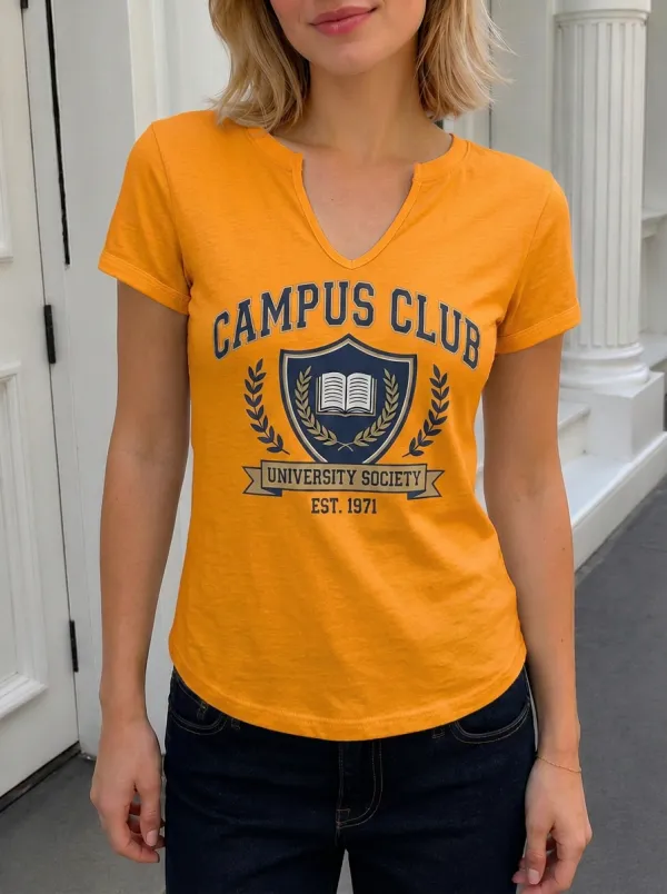 Women's Campus Club University Society Book Shield Printed T-shirt