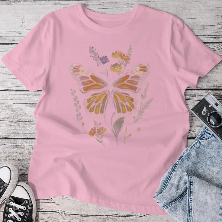 Vintage Monarch Butterfly Verbena Flower Women T-shirt