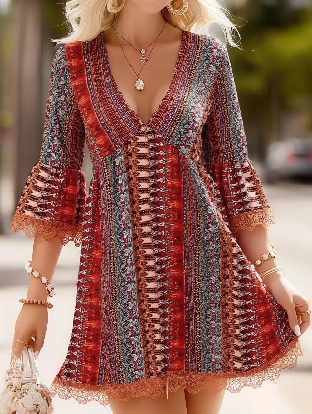 V Neck Print Loose Bohemian Mini Dress