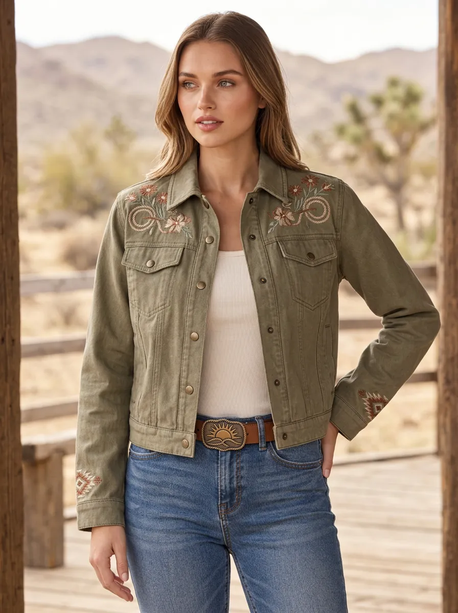 Women's Classic Western Floral Embroidery Floral Embroidered Denim Jacket