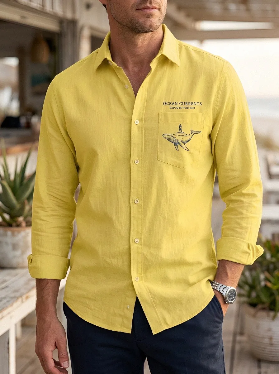 Men's Ocean Lover Whale Lighthouse Printed Linen Shirt