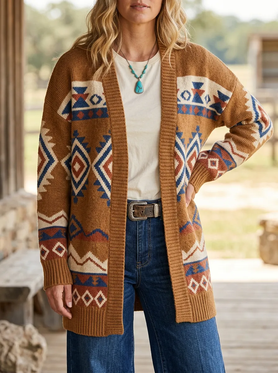 Women's Western Tan Southwestern Pattern Open-Front Cardigan