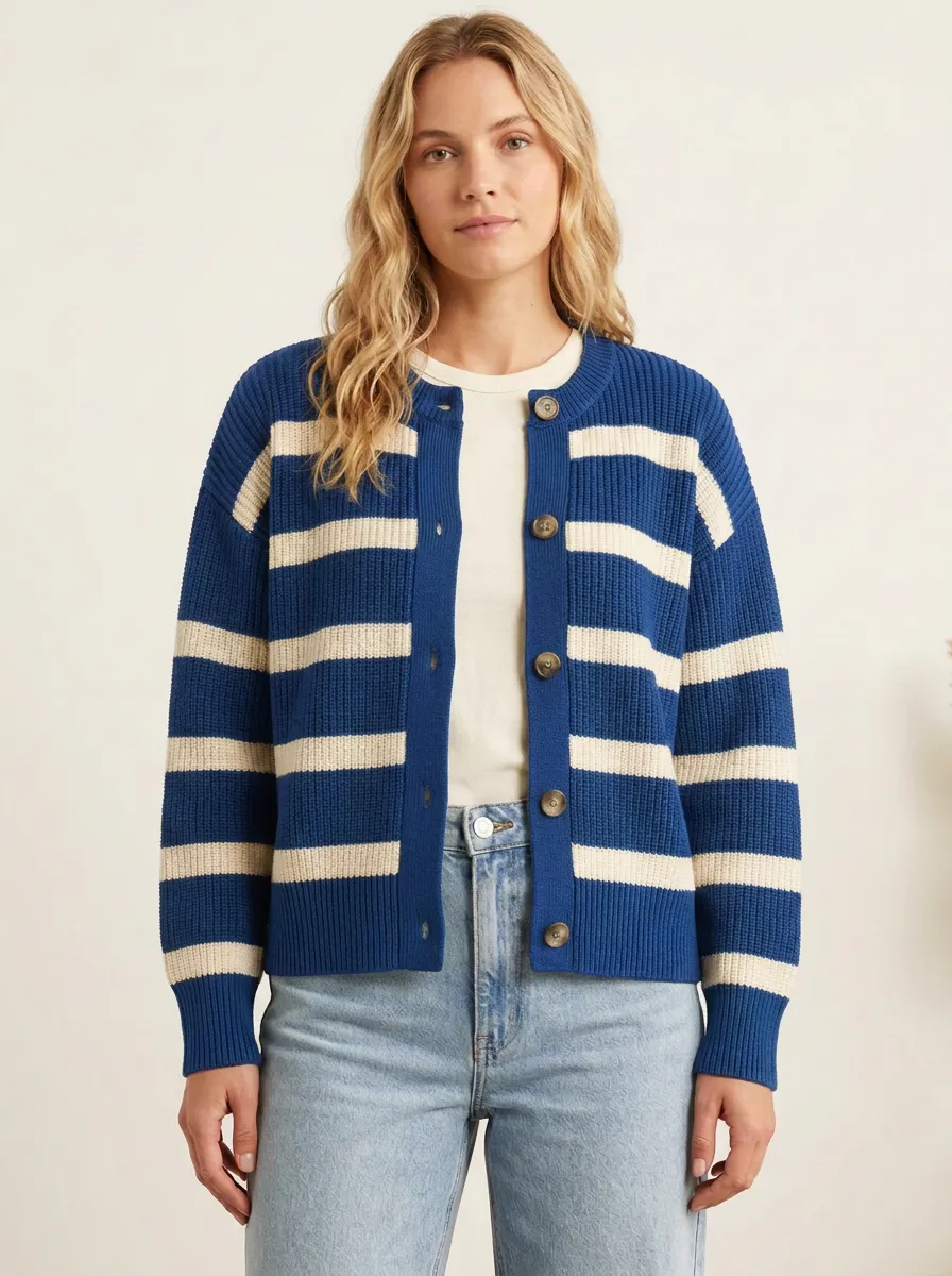 Classic Cable Distinctive Rugby Striped Knit Cardigan