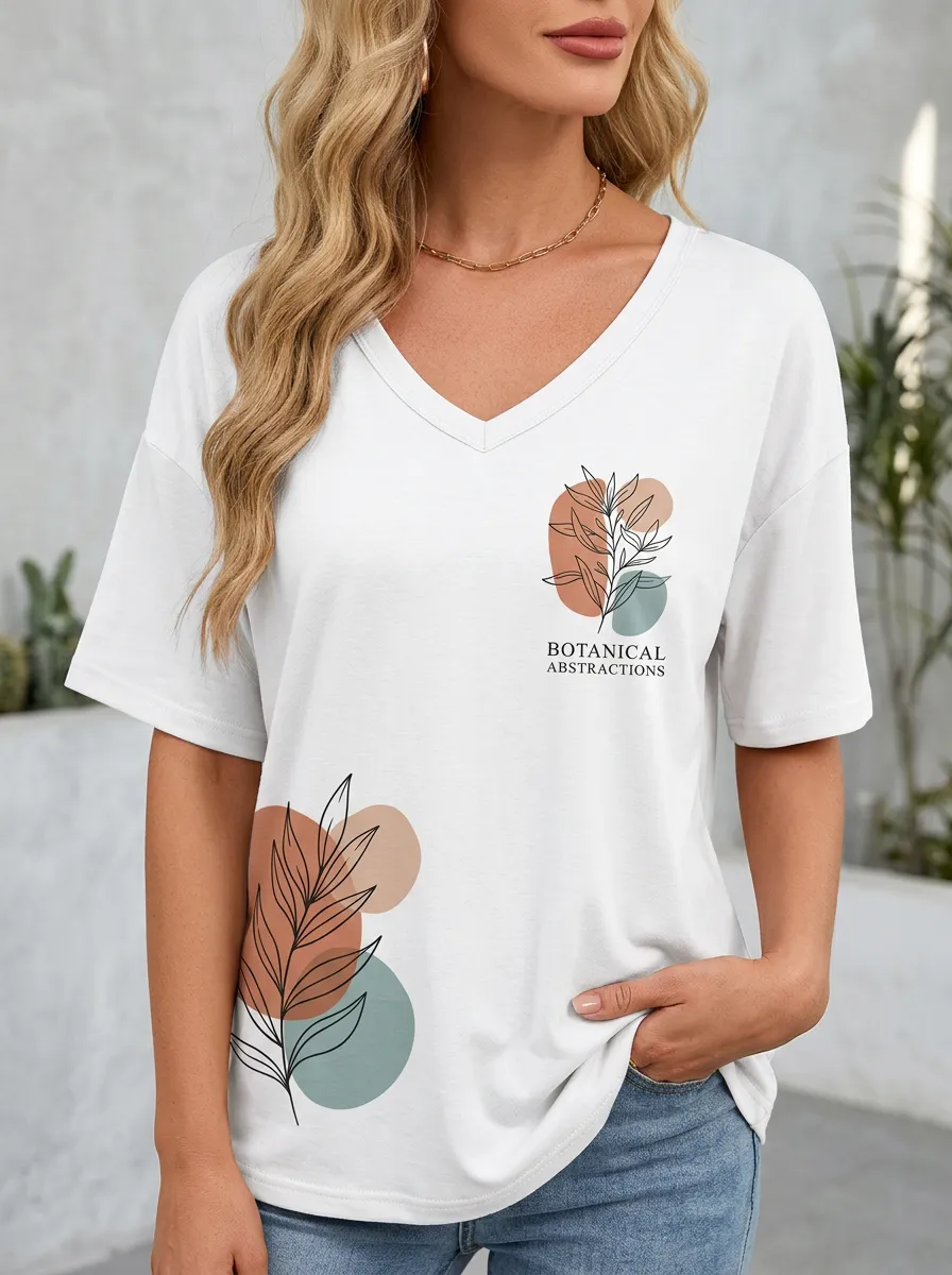 Women's Botanical Abstract Leaf Line Art Printed V-Neck T-Shirt