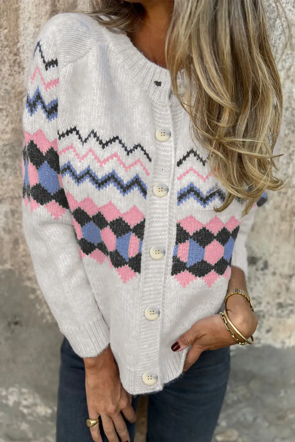 Geometric Button Front Cardigan