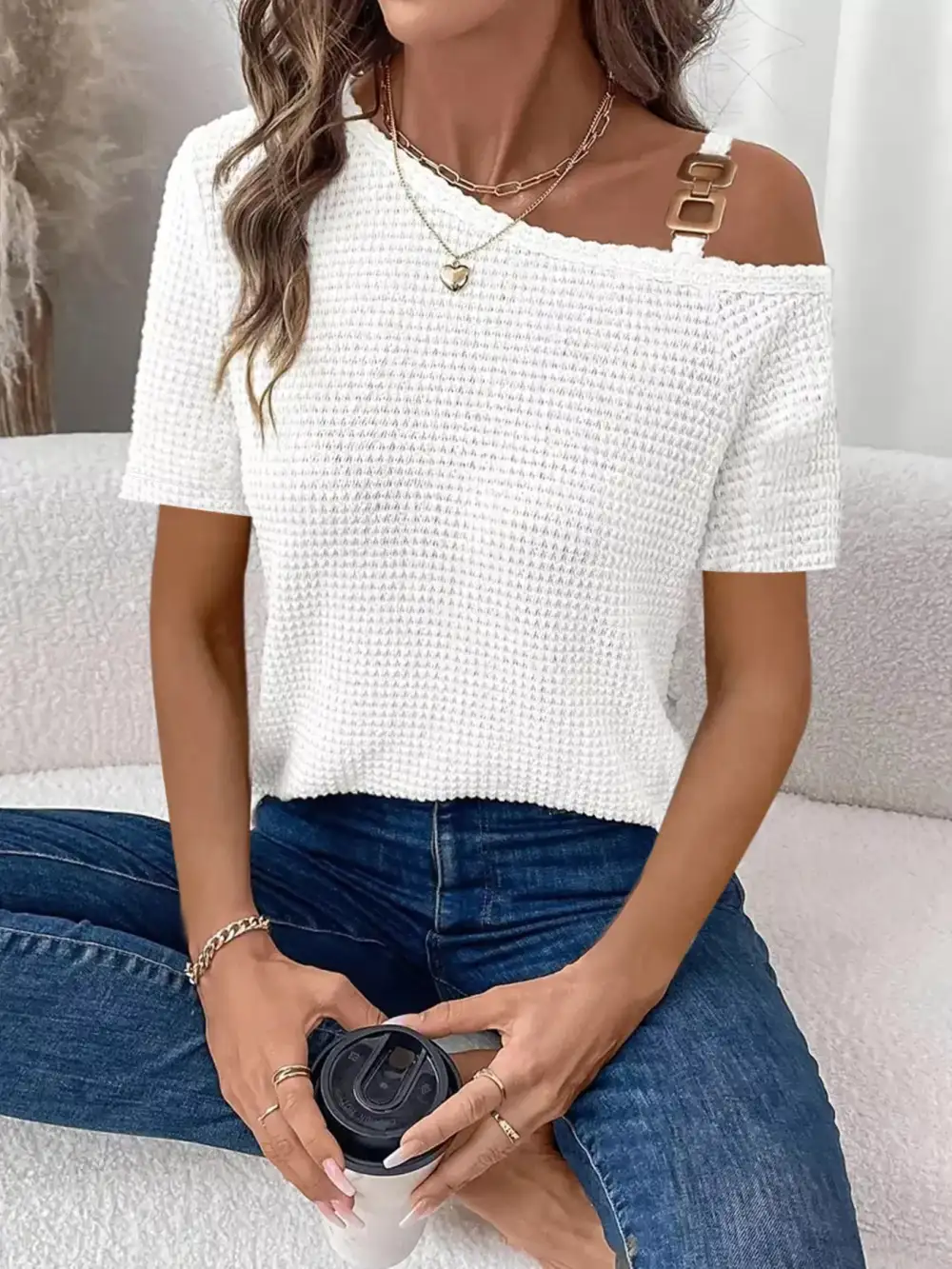 One Shoulder Chain Detail Waffle Knit Blouse