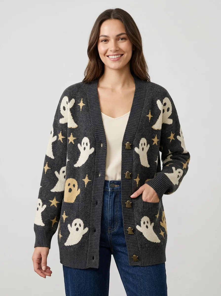 Women's Halloween Spooky Ghost Star Pattern Knitted Cardigan