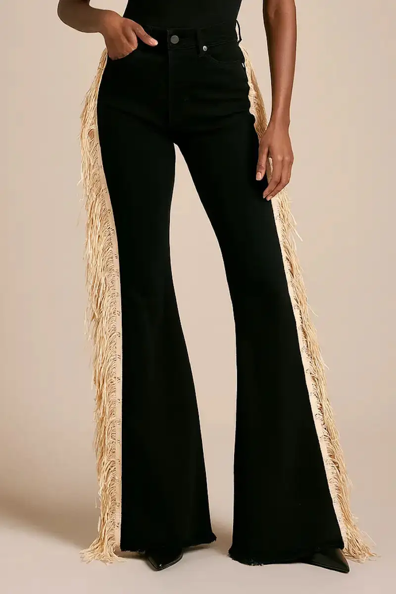 Mid Rise Fringe Detail Bell Bottom Vintage Style Cropped Denim Jeans