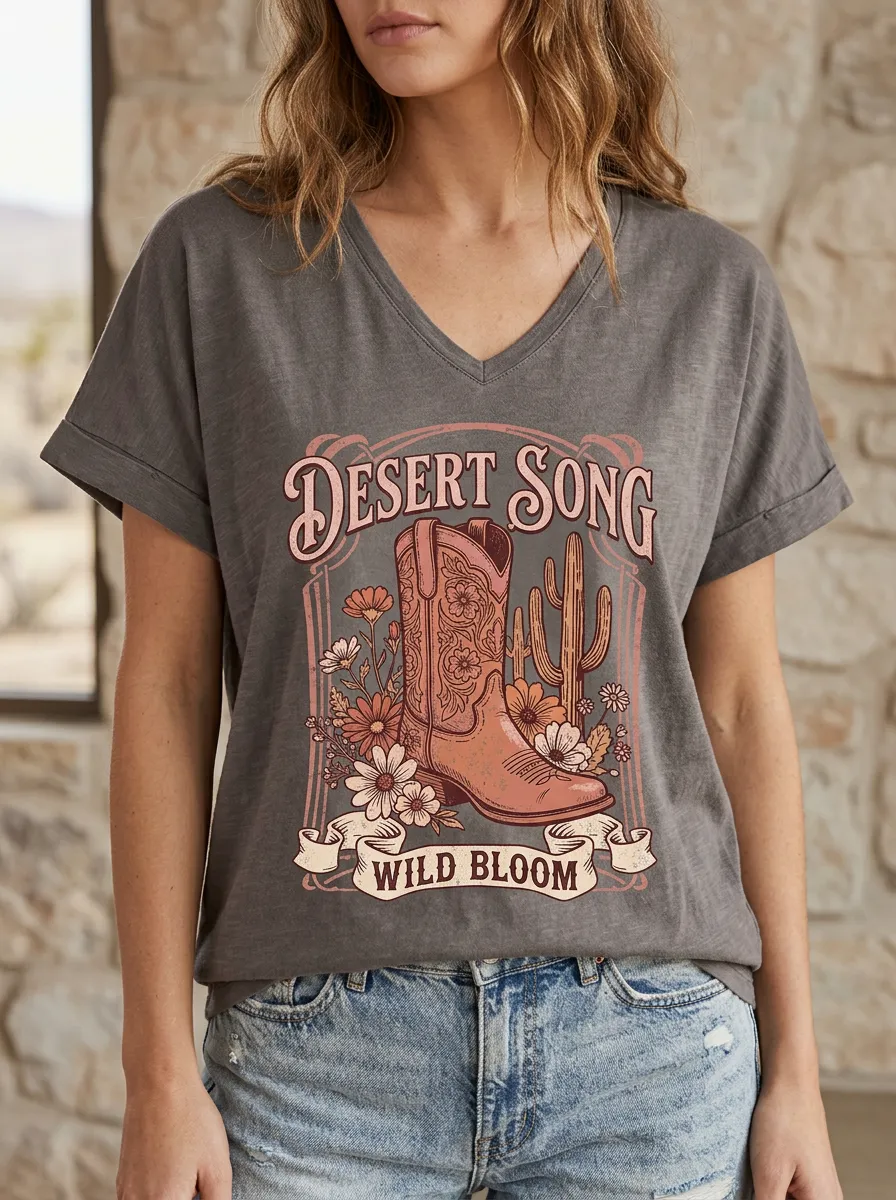 Women's Western Cowboy Boot Cactus Floral Printed V-Neck T-Shirt