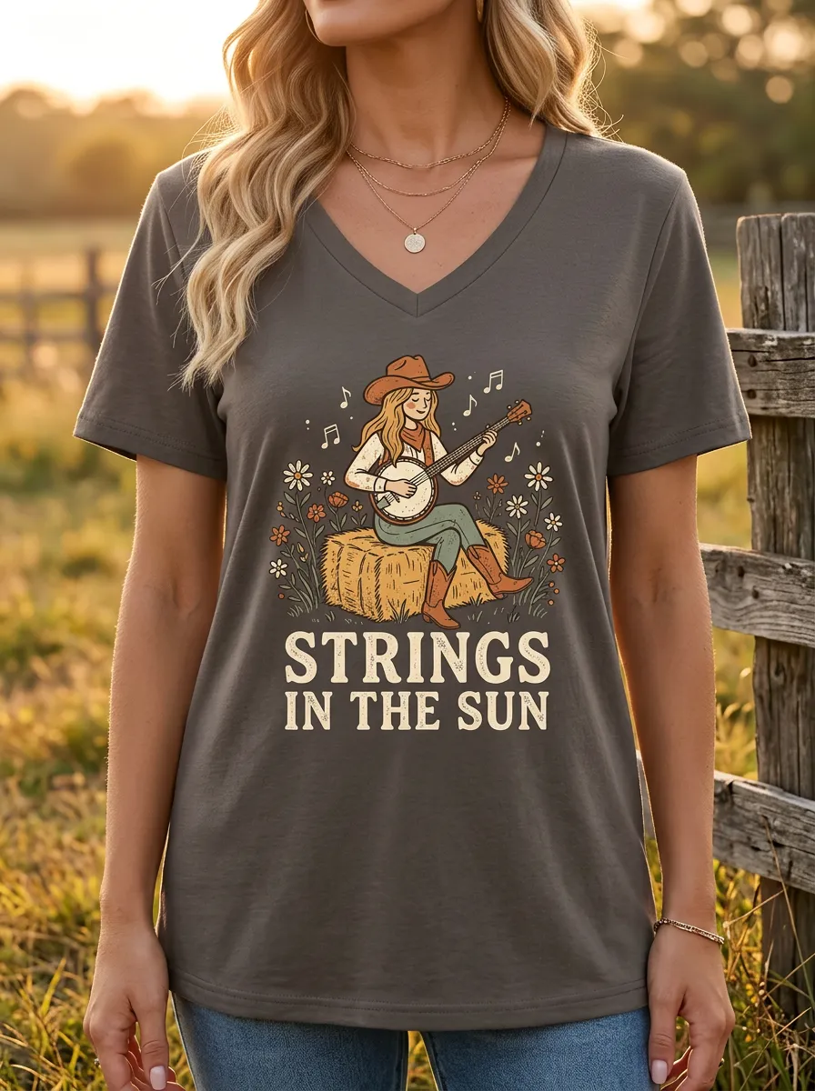 Roadhouse-Inspired Banjo Floral Custom Country Music V-Neck T-Shirt