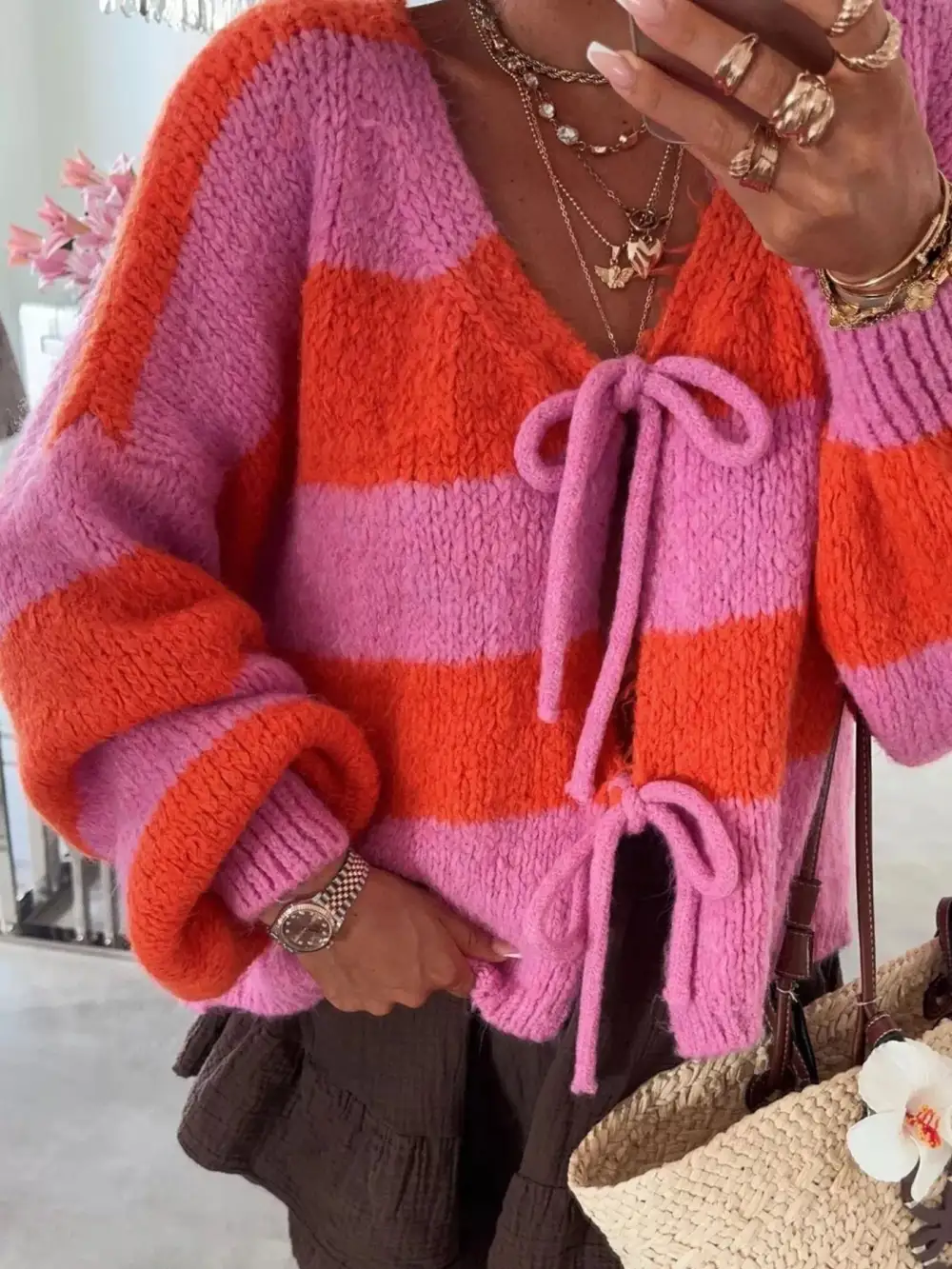 Tie-Front Knit Striped Cardigan