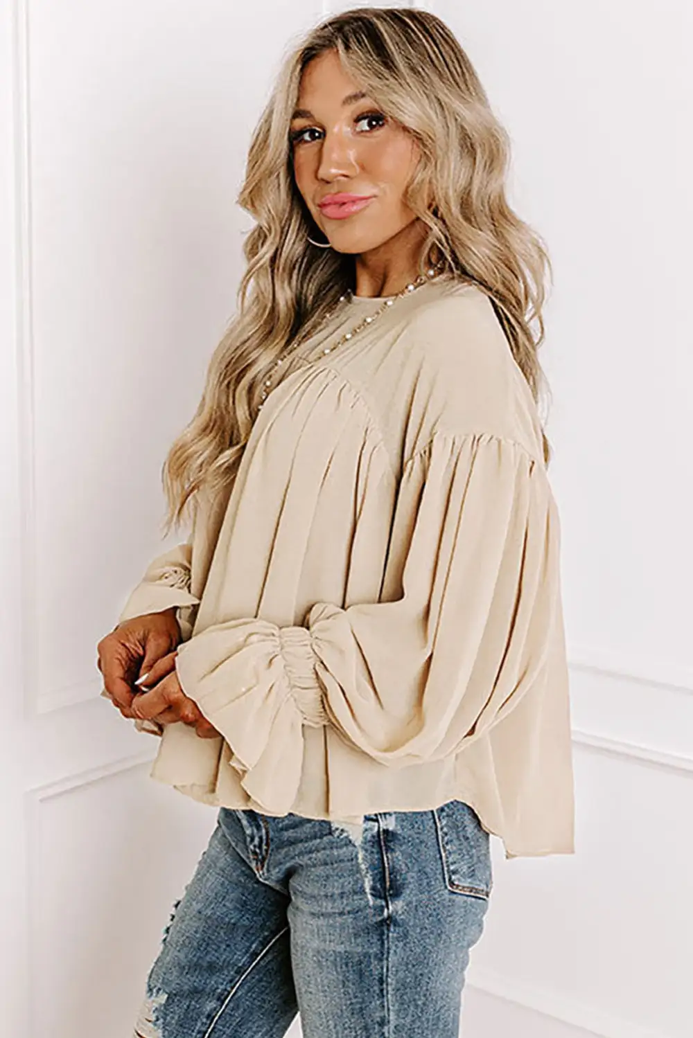 Relaxed Ruffle Sleeve Long Sleeve Blouse