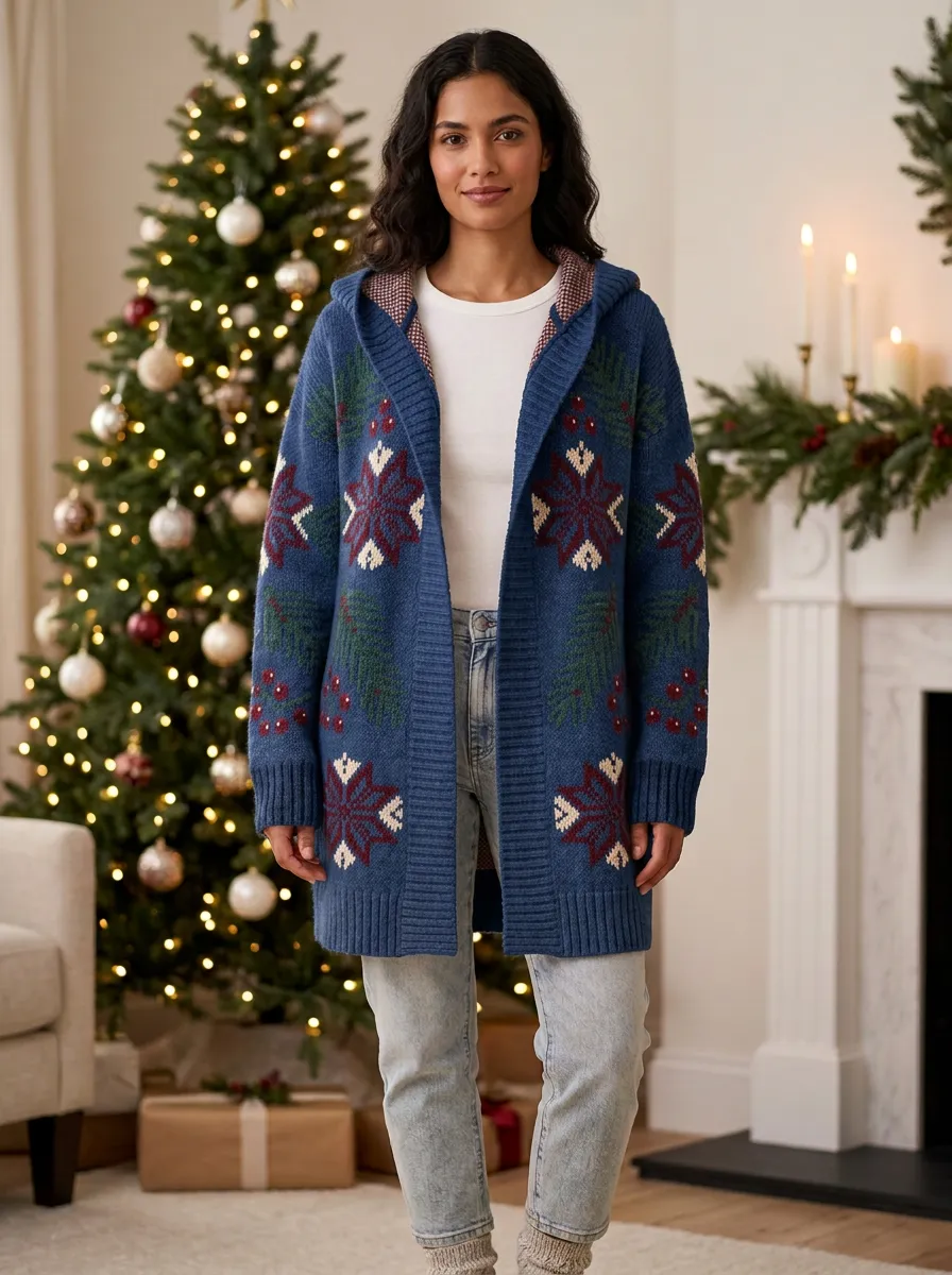 Christmas Snowflake Pine Print Festive Hooded Cardigan
