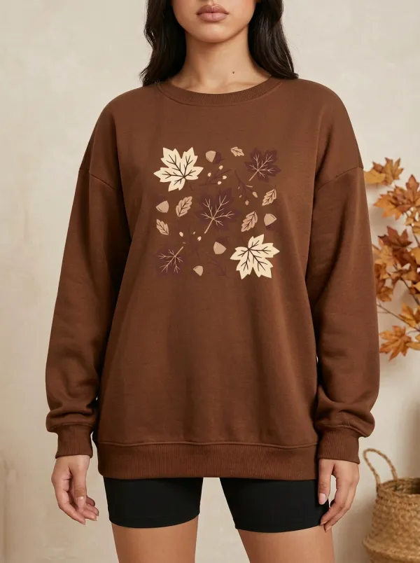 Textured Pattern Maple-Leaf Printed Acorn Graphic Sweatshirt