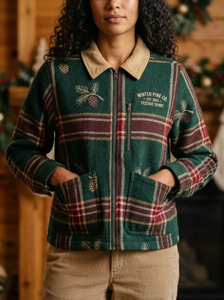 Christmas Pine Cone Plaid Print Jacket