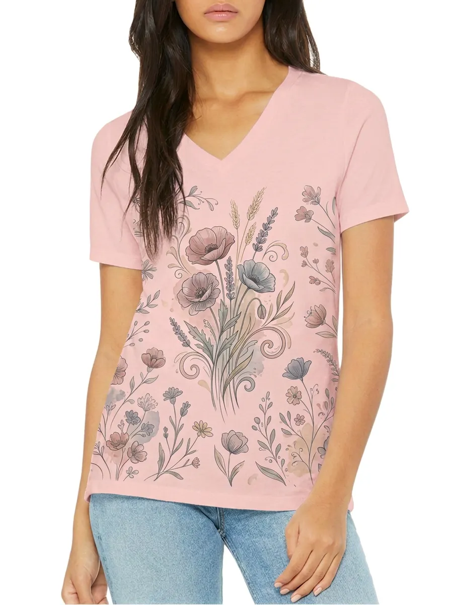 Women's Floral Lover Watercolor Poppy Printed V-neck T-shirt