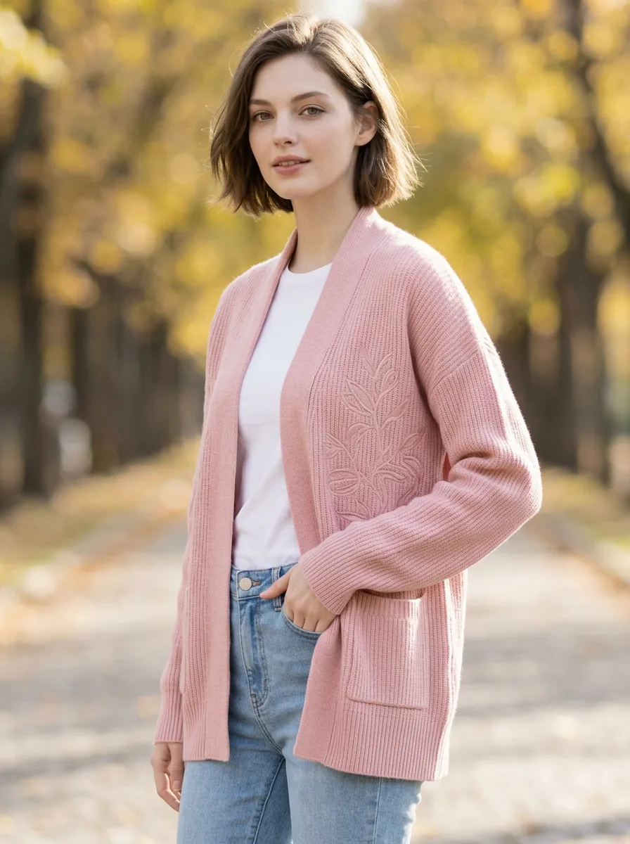 Women's Pink Floral Embroidery Ribbed Knit Cardigan