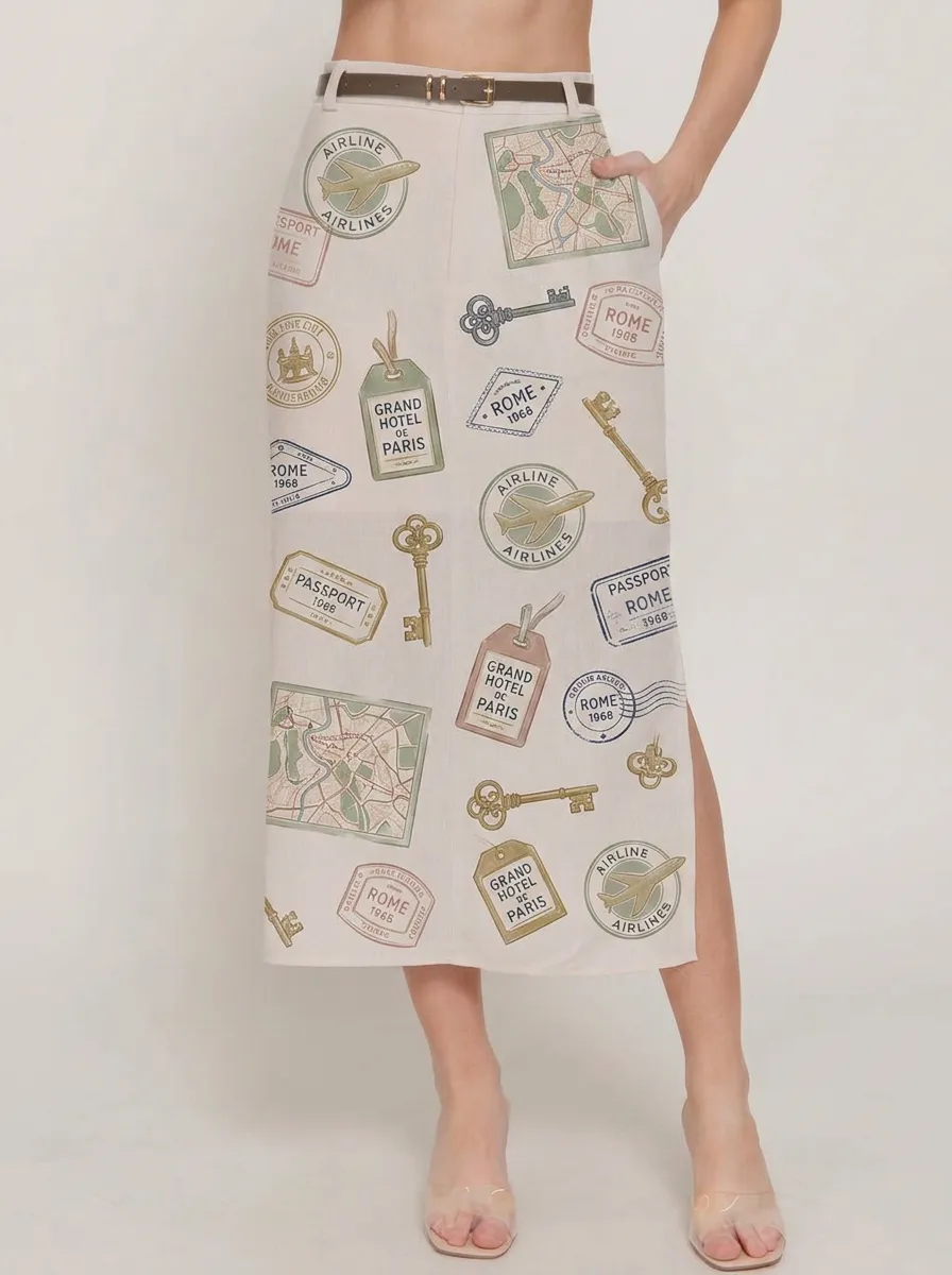 Women's Travel Lover Vintage Stamp Map Printed Midi Skirt