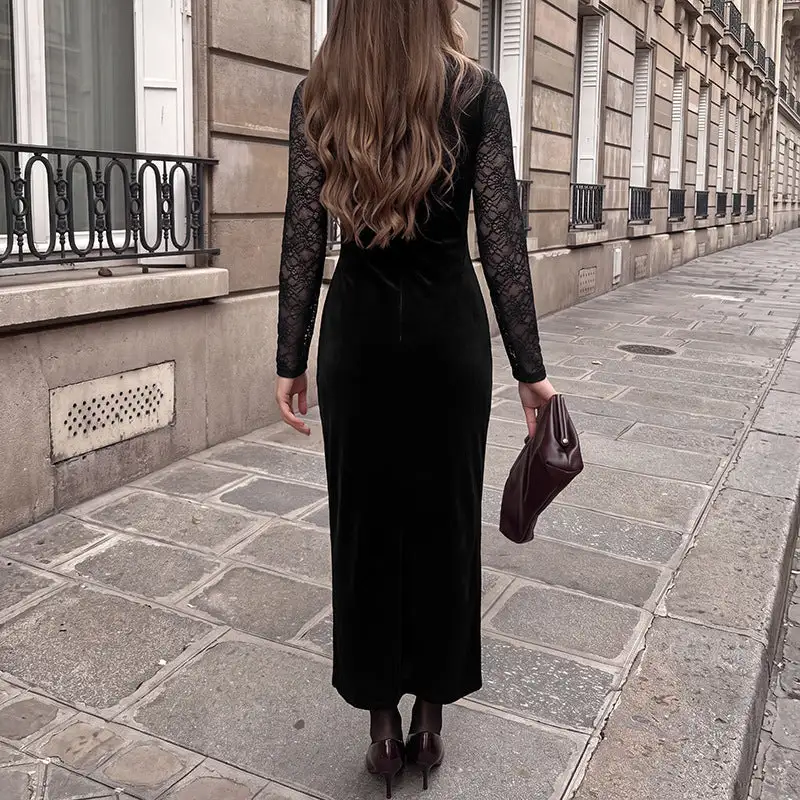 Women's Bodycon V-Neck Long-Sleeve Lace Maxi Dress