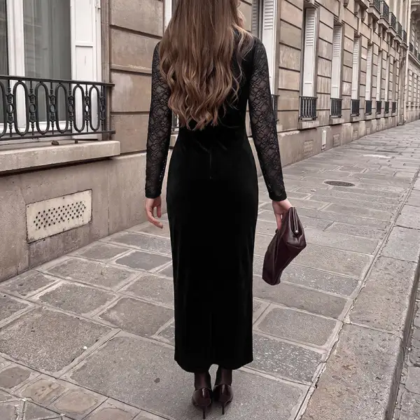 Women's Bodycon V-Neck Long-Sleeve Lace Maxi Dress